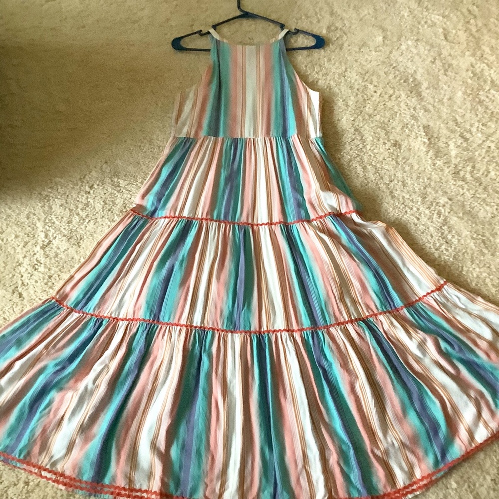 MATILDA JANE MAXI DRESS sz S Tassel tie front Pastel colors, tiered lined skirt